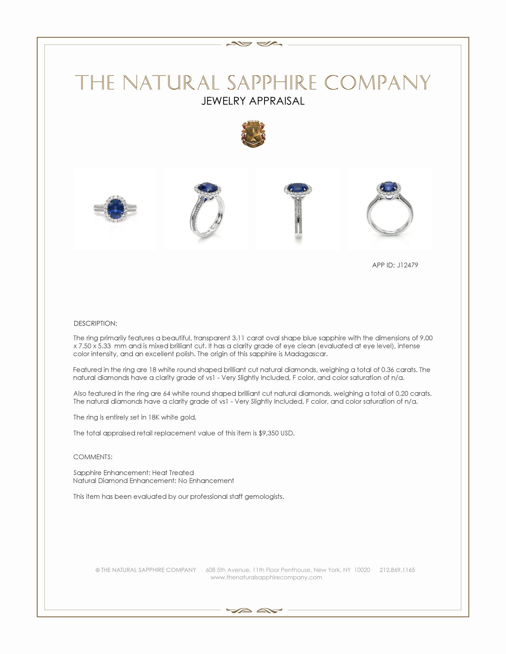 3.11 Ct. Blue Sapphire and Natural Diamond Pave Ring, 18K White Gold
