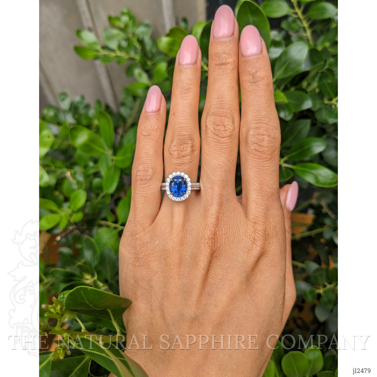 3.11 Ct. Blue Sapphire and Natural Diamond Pave Ring, 18K White Gold