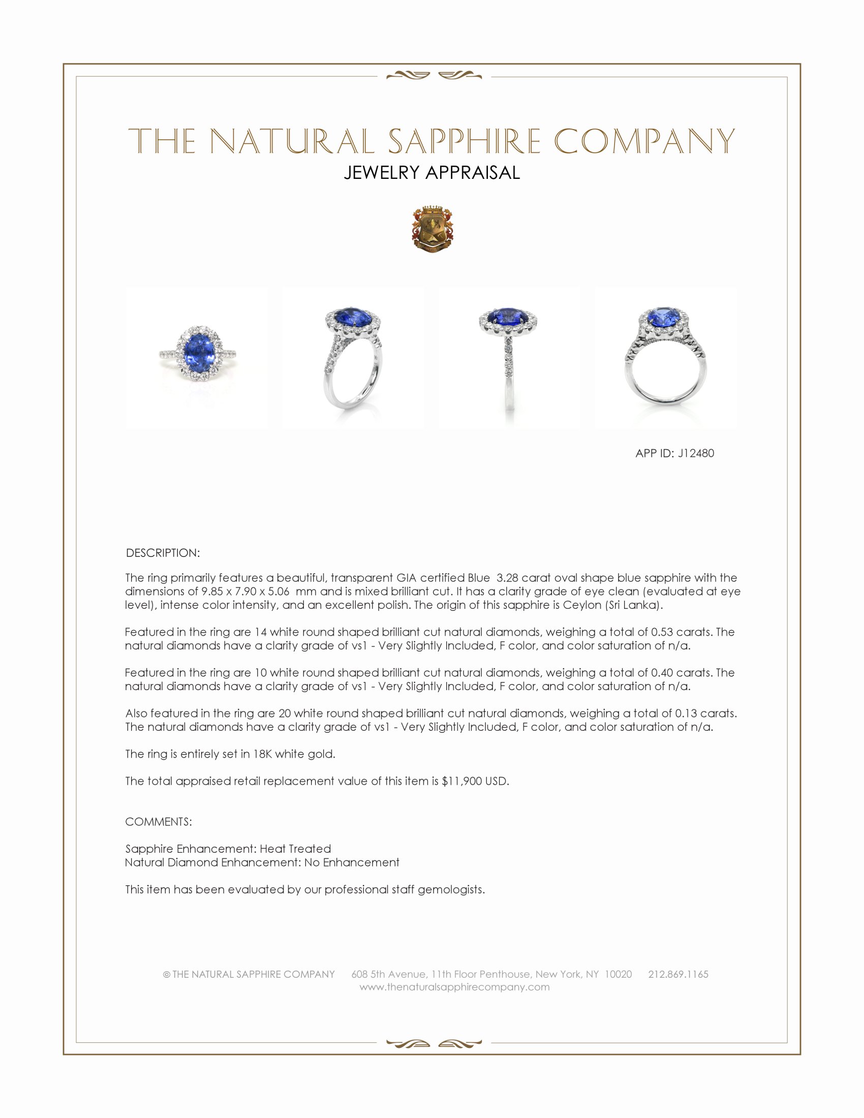 3.28 Ct. Blue Sapphire and Natural Diamond Pave Ring, 18K White Gold