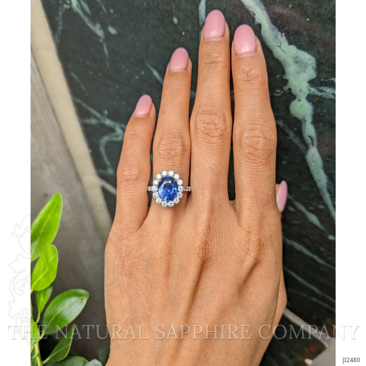 3.28 Ct. Blue Sapphire and Natural Diamond Pave Ring, 18K White Gold
