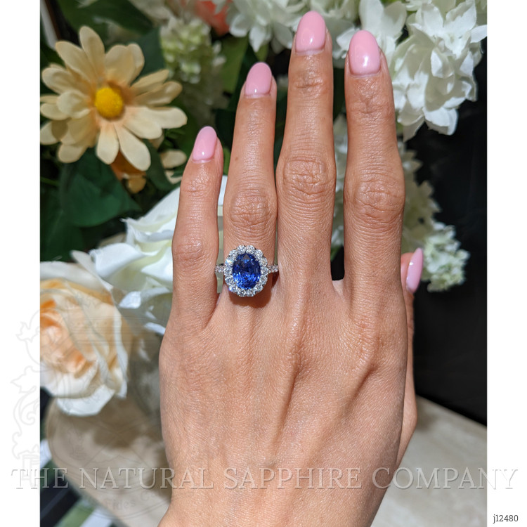 3.28 Ct. Blue Sapphire and Natural Diamond Pave Ring, 18K White Gold