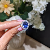 3.28 Ct. Blue Sapphire and Natural Diamond Pave Ring, 18K White Gold Life Style