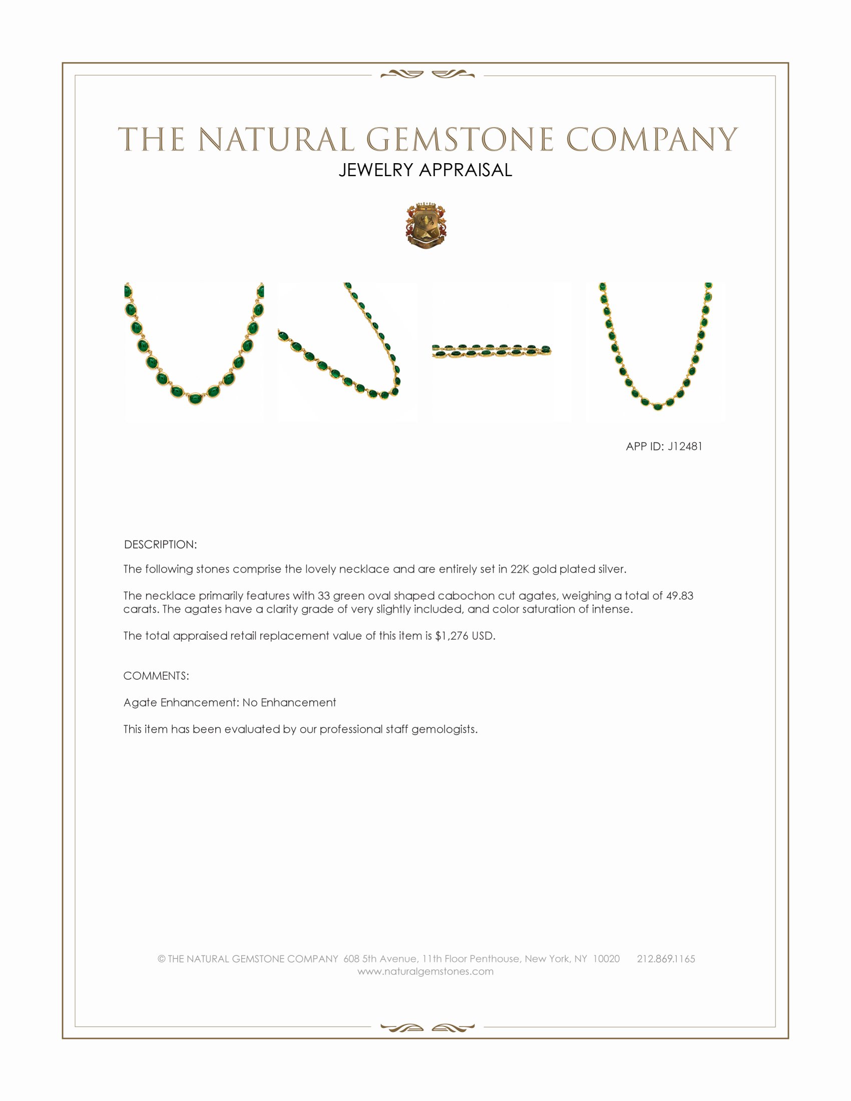 49.83 Ct. Green Agate Bezel Necklace, 22K Gold Plated Silver
