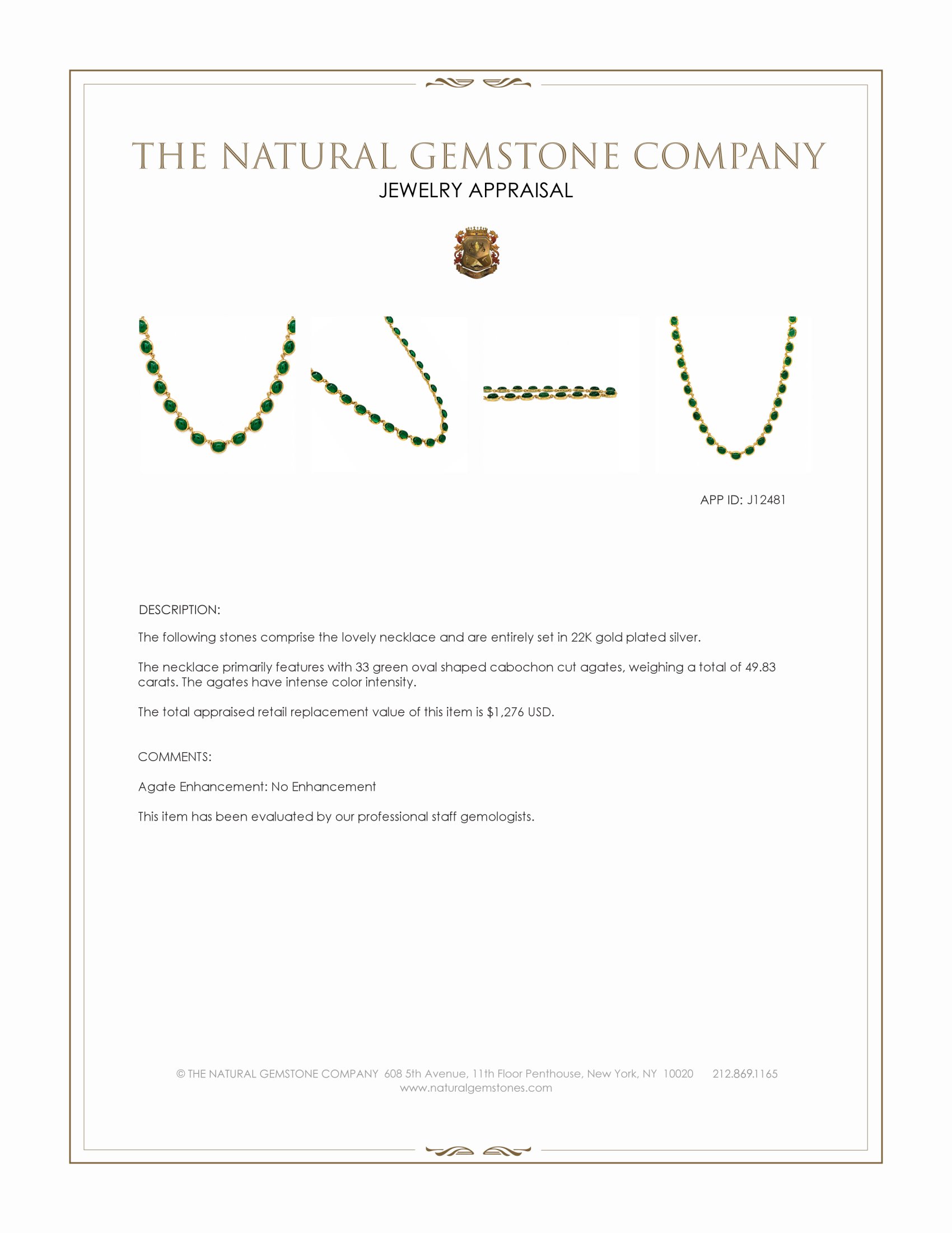 49.83 Ct. Green Agate Bezel Necklace, 22K Gold Plated Silver