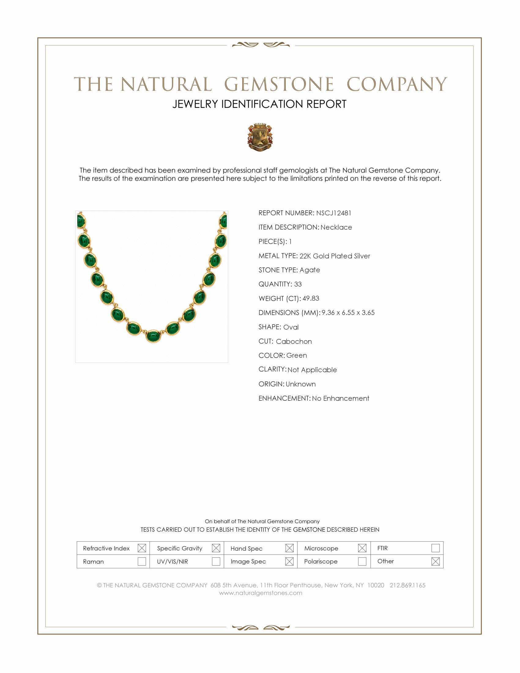 49.83 Ct. Green Agate Bezel Necklace, 22K Gold Plated Silver