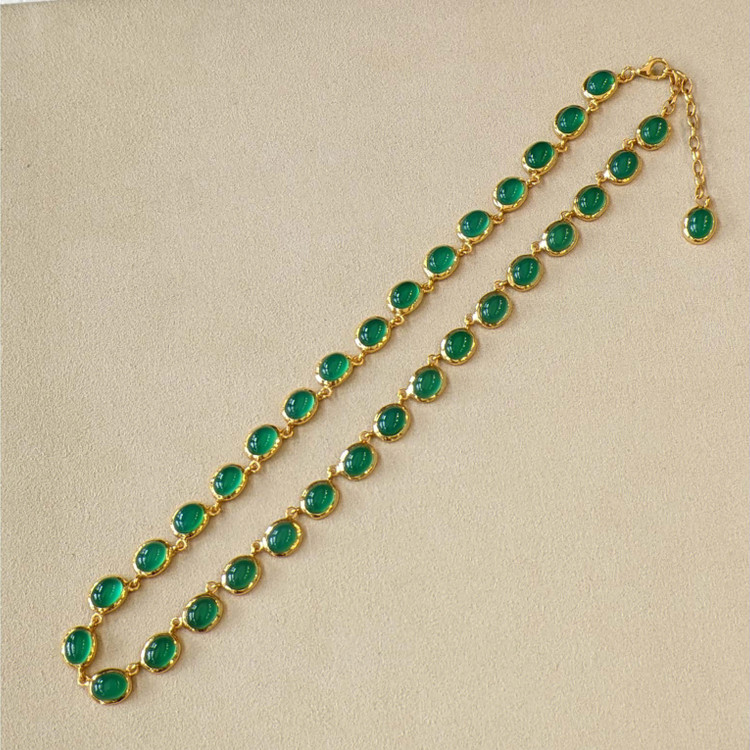 49.83 Ct. Green Agate Bezel Necklace, 22K Gold Plated Silver