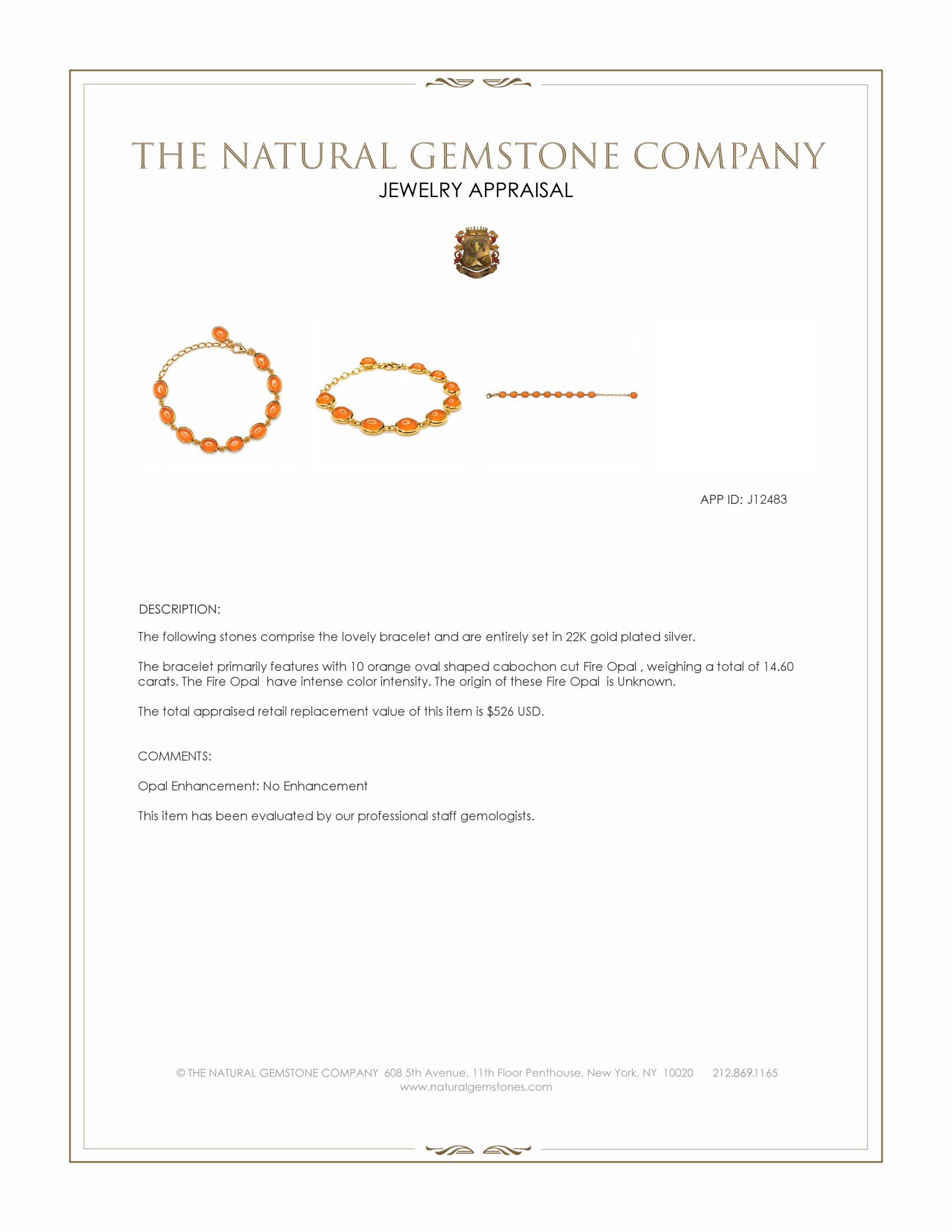 14.60 Ct.Tw. Orange Opal Bezel Bracelet, 22K Gold Plated Silver