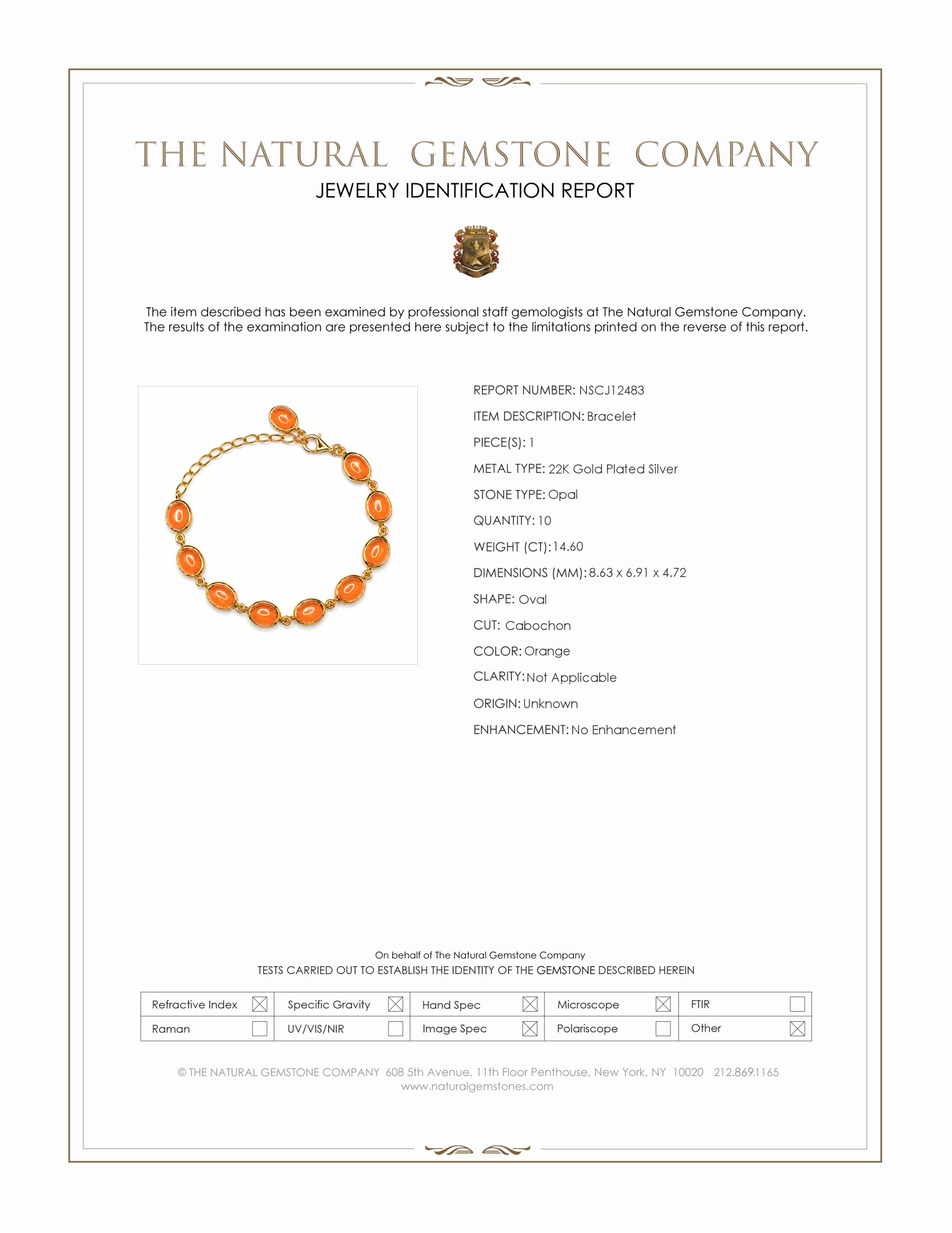 14.60 Ct.Tw. Orange Opal Bezel Bracelet, 22K Gold Plated Silver