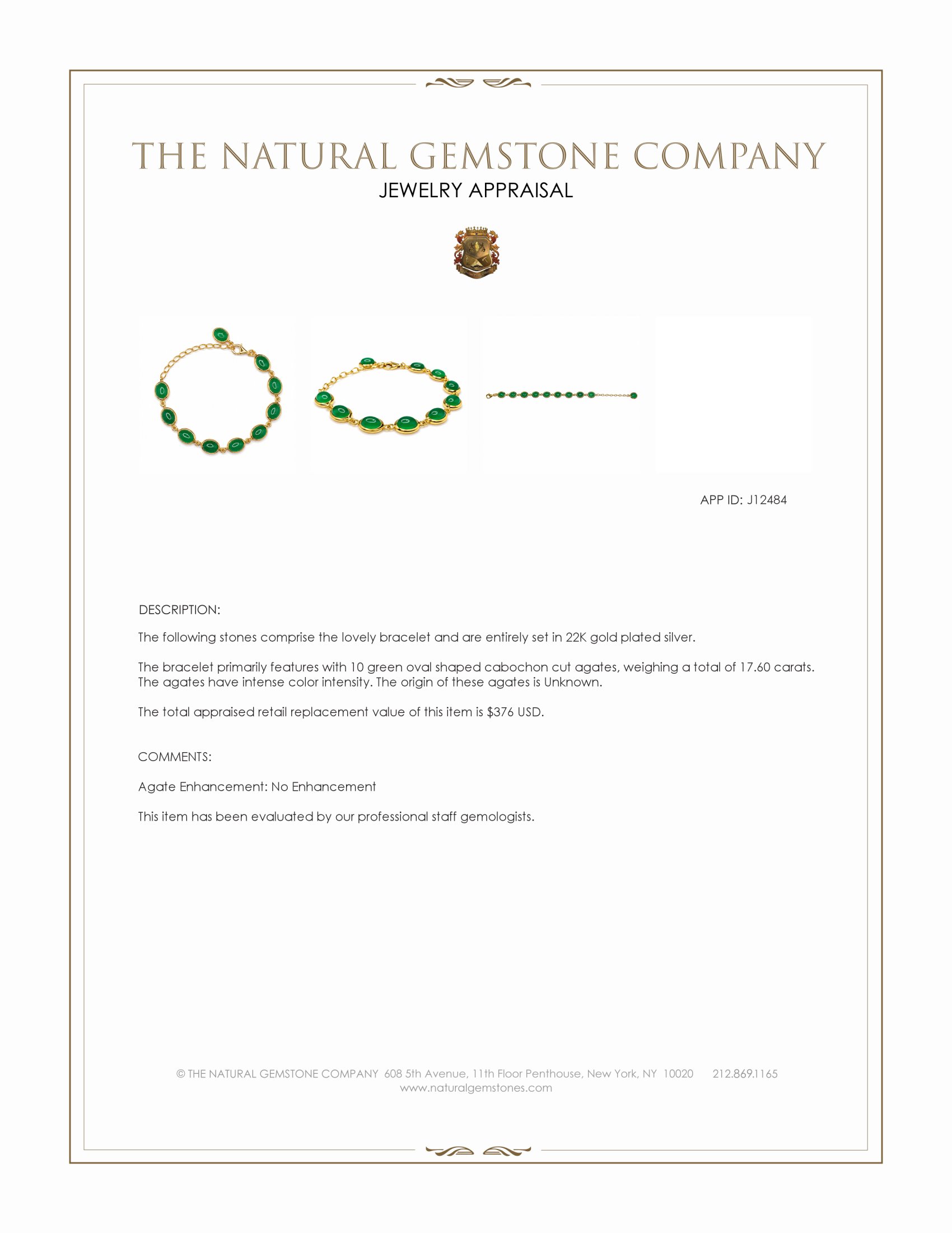 17.60 Ct.Tw. Green Agate Bezel Bracelet, 22K Gold Plated Silver