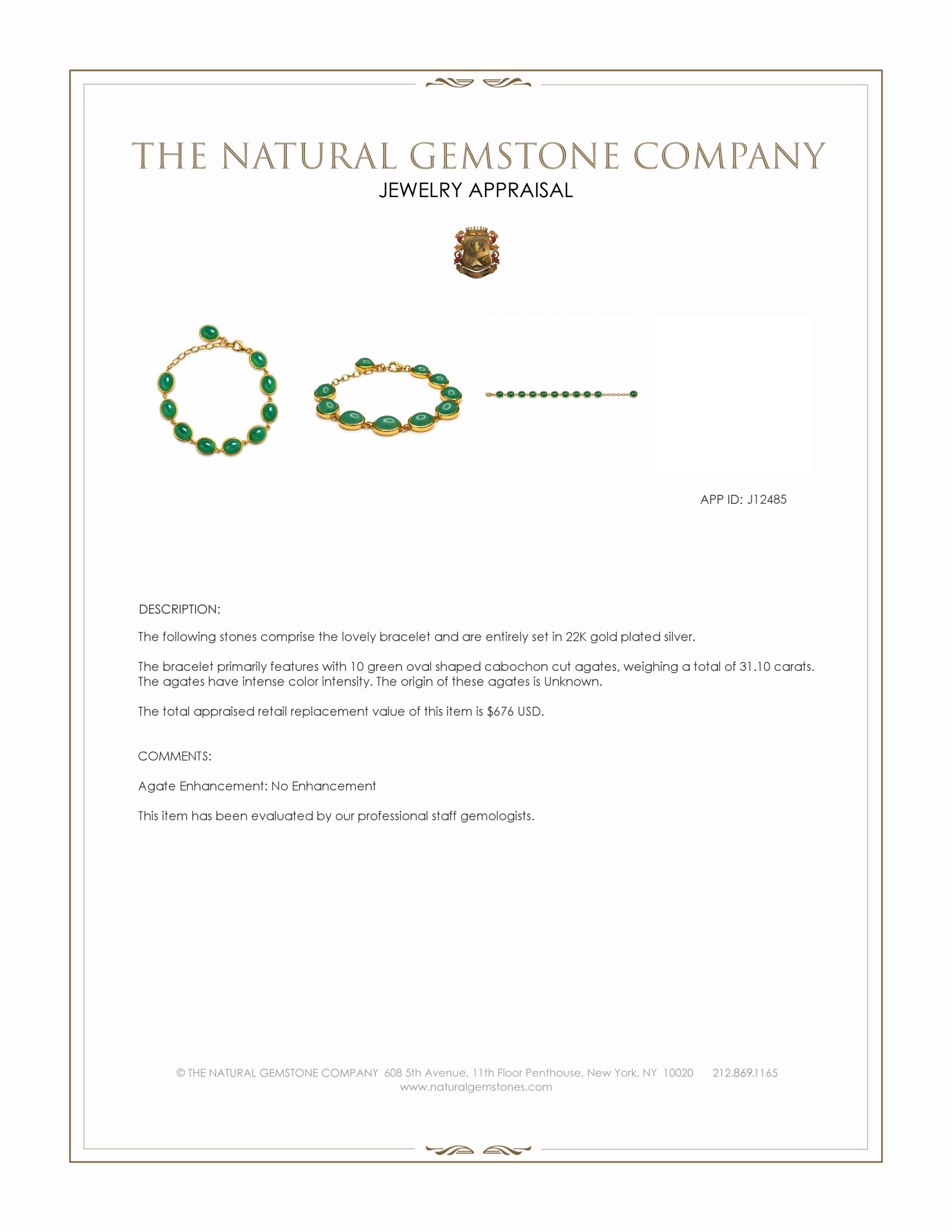 31.10 Ct.Tw. Green Agate Bezel Bracelet, 22K Gold Plated Silver