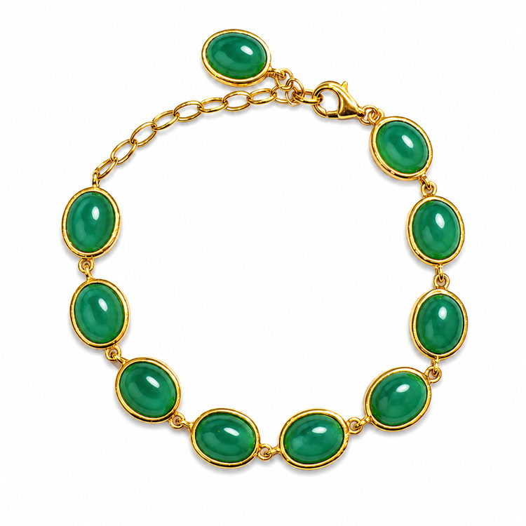 31.10 Ct.Tw. Green Agate Bezel Bracelet, 22K Gold Plated Silver