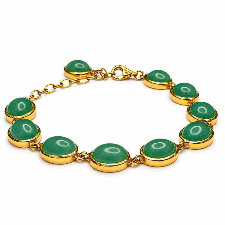31.10 Ct.Tw. Green Agate Bezel Bracelet, 22K Gold Plated Silver