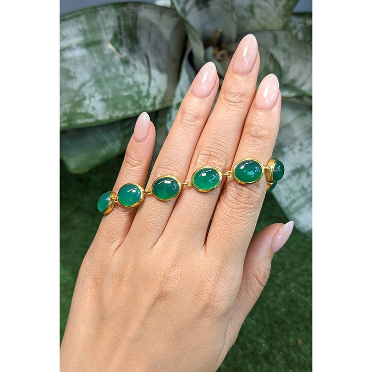 31.10 Ct.Tw. Green Agate Bezel Bracelet, 22K Gold Plated Silver
