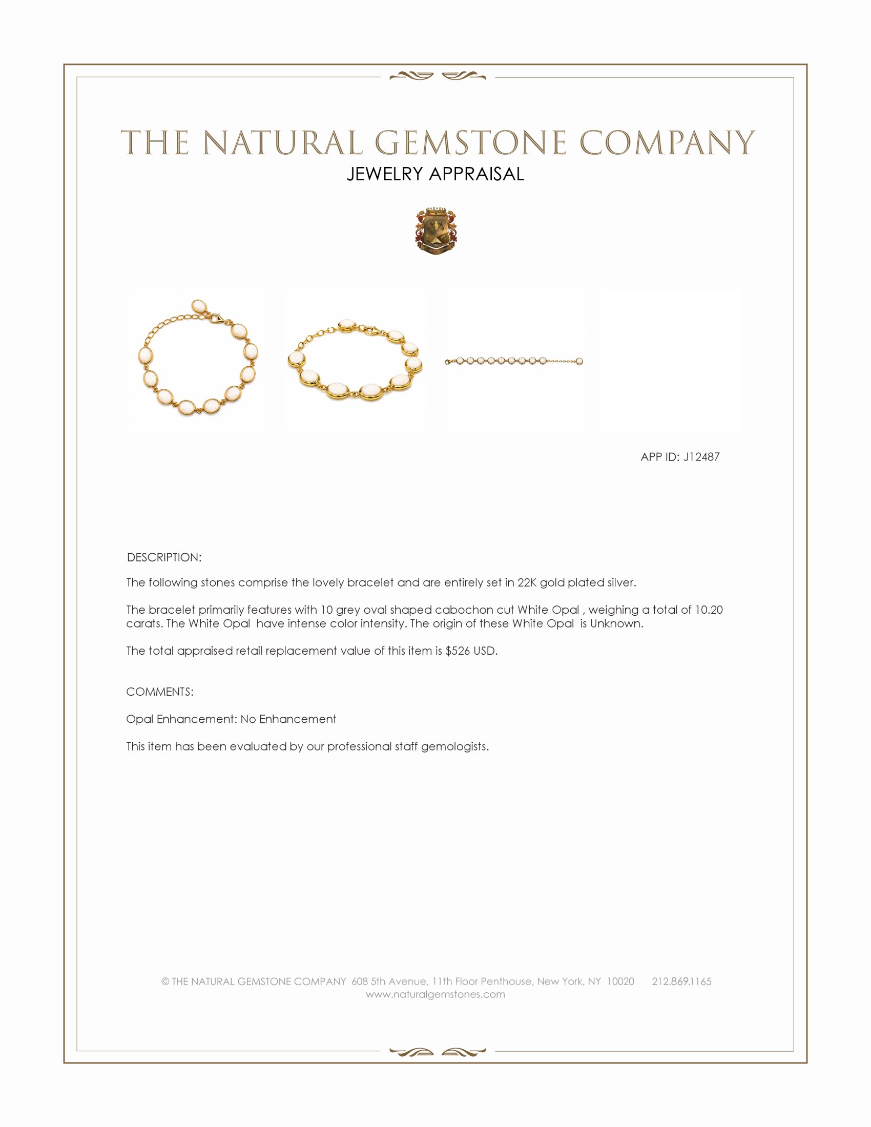 10.20 Ct.Tw. Grey Opal Bezel Bracelet, 22K Gold Plated Silver
