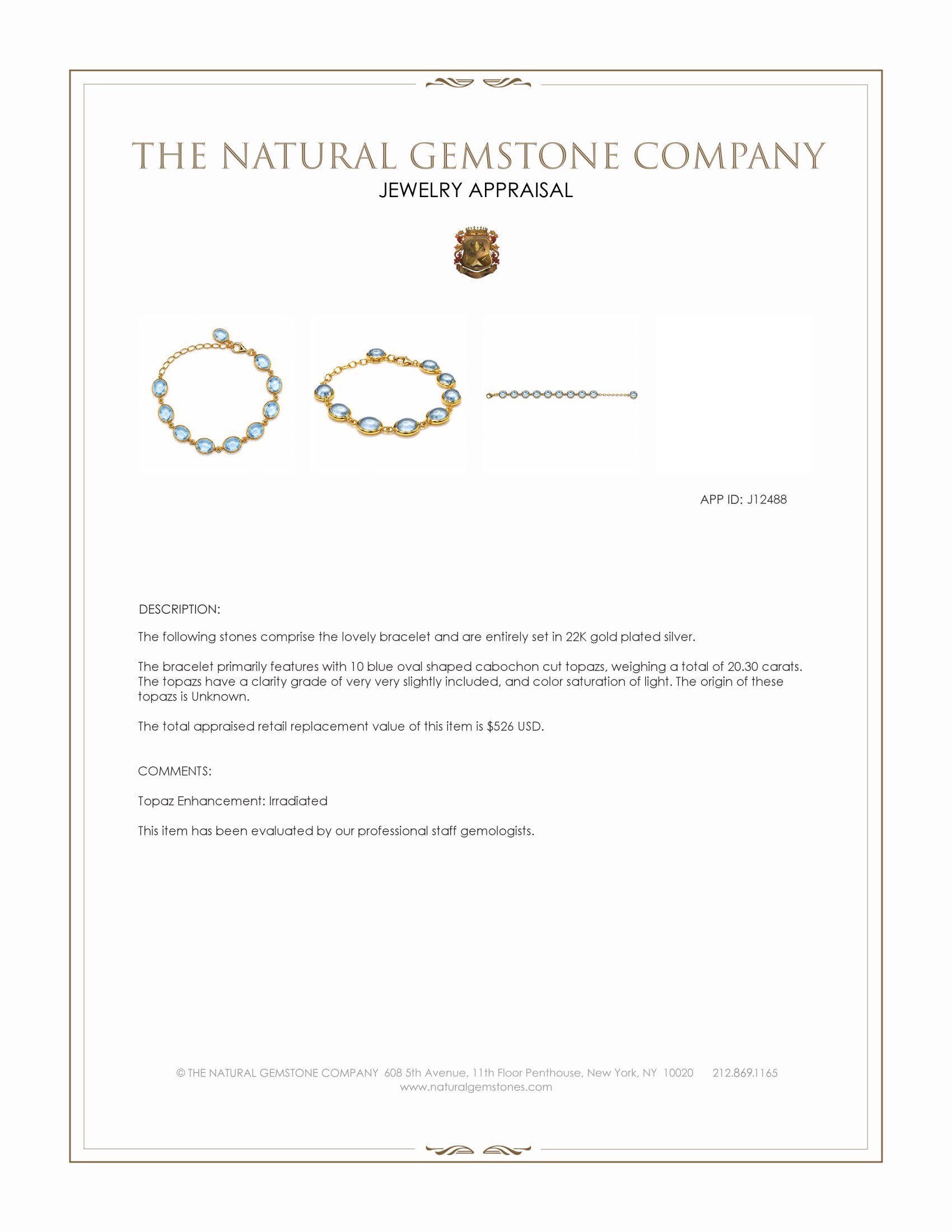 40.60 Ct.Tw. Blue Topaz Bezel Bracelet, 22K Gold Plated Silver