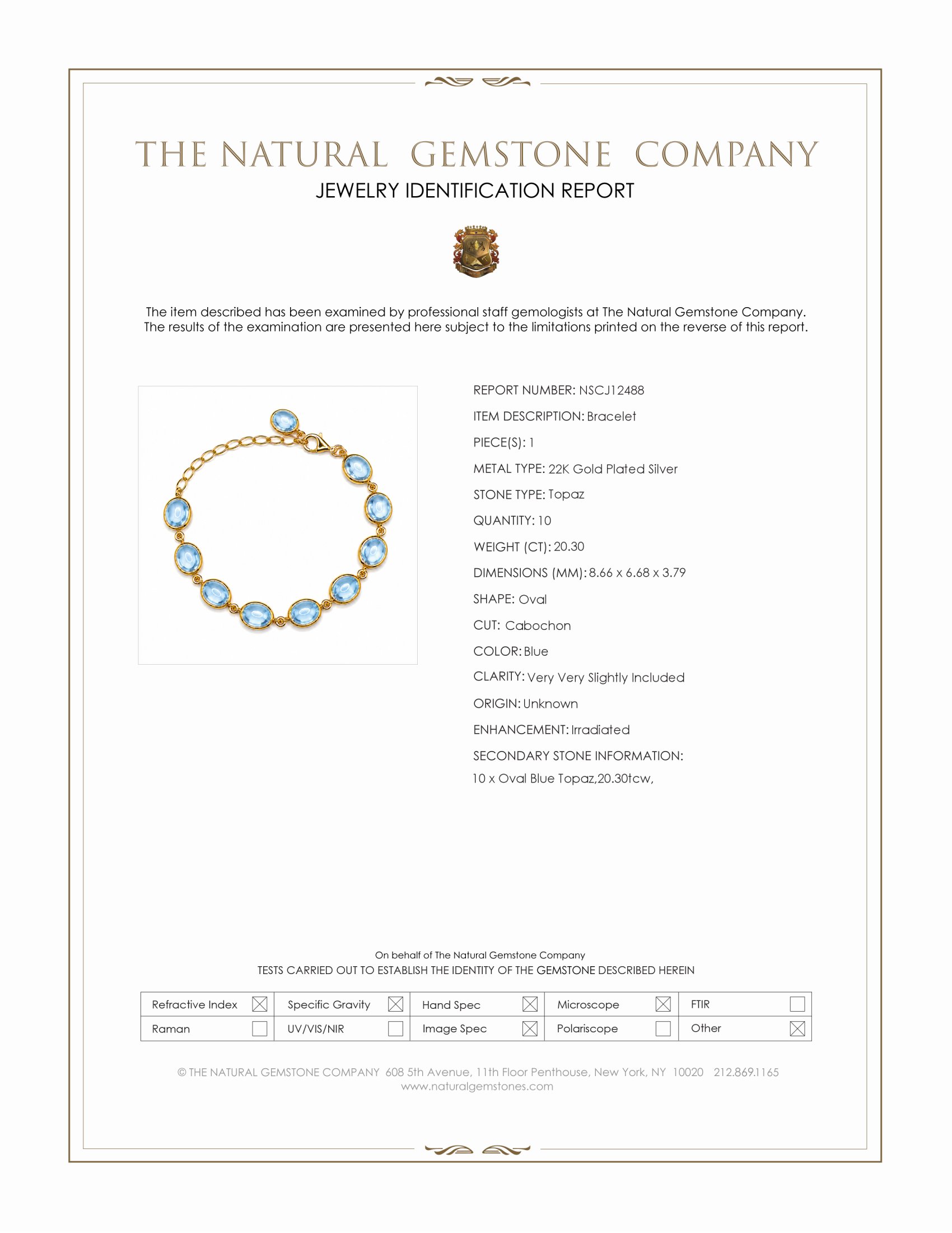 40.60 Ct.Tw. Blue Topaz Bezel Bracelet, 22K Gold Plated Silver