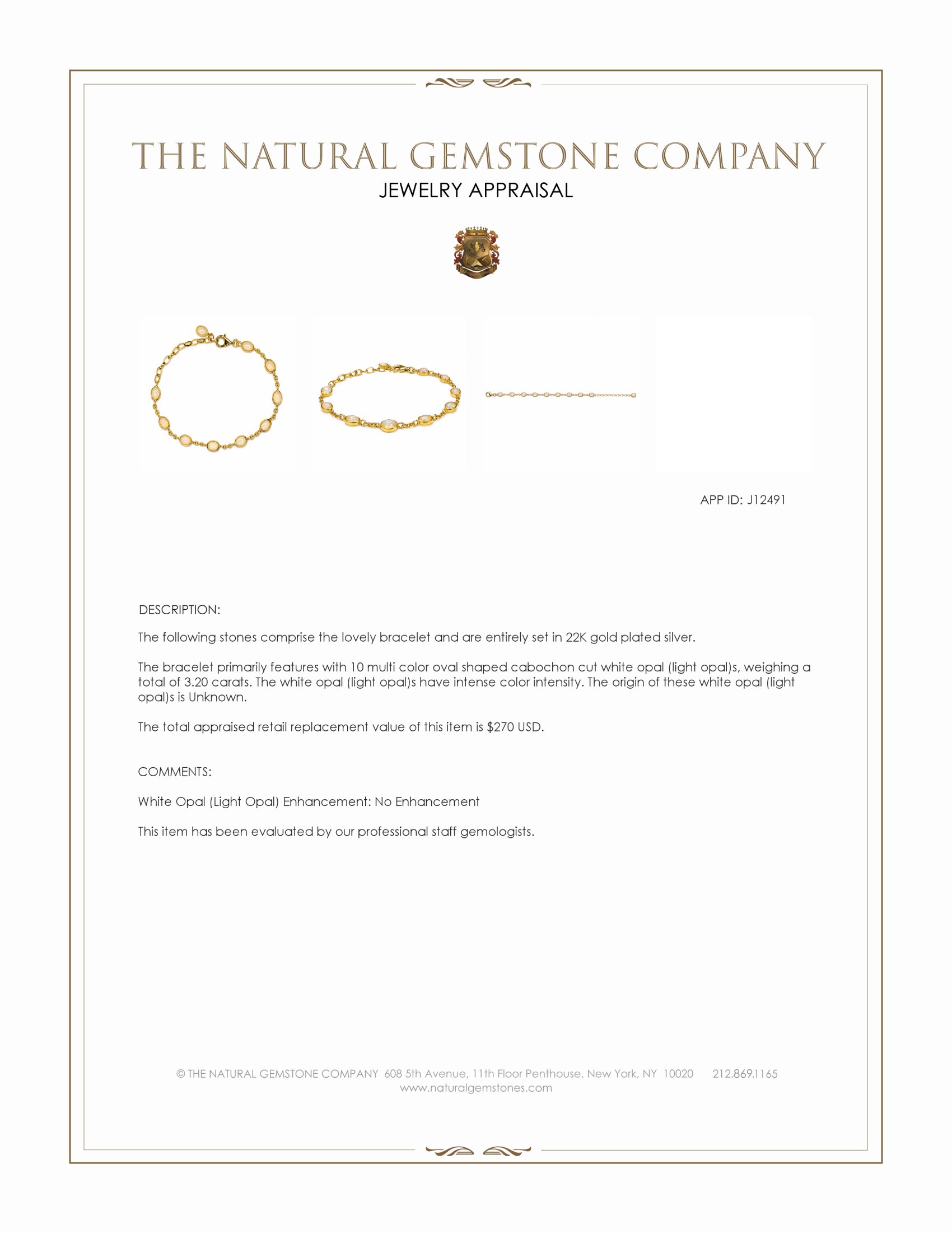 3.20 Ct.Tw. Multi Color White Opal (Light Opal) Bezel Bracelet, 22K Gold Plated Silver