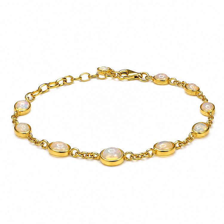 3.20 Ct.Tw. Multi Color White Opal (Light Opal) Bezel Bracelet, 22K Gold Plated Silver