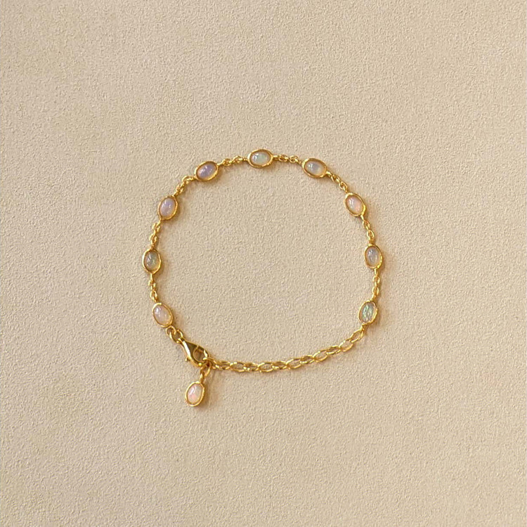 3.20 Ct.Tw. Multi Color White Opal (Light Opal) Bezel Bracelet, 22K Gold Plated Silver