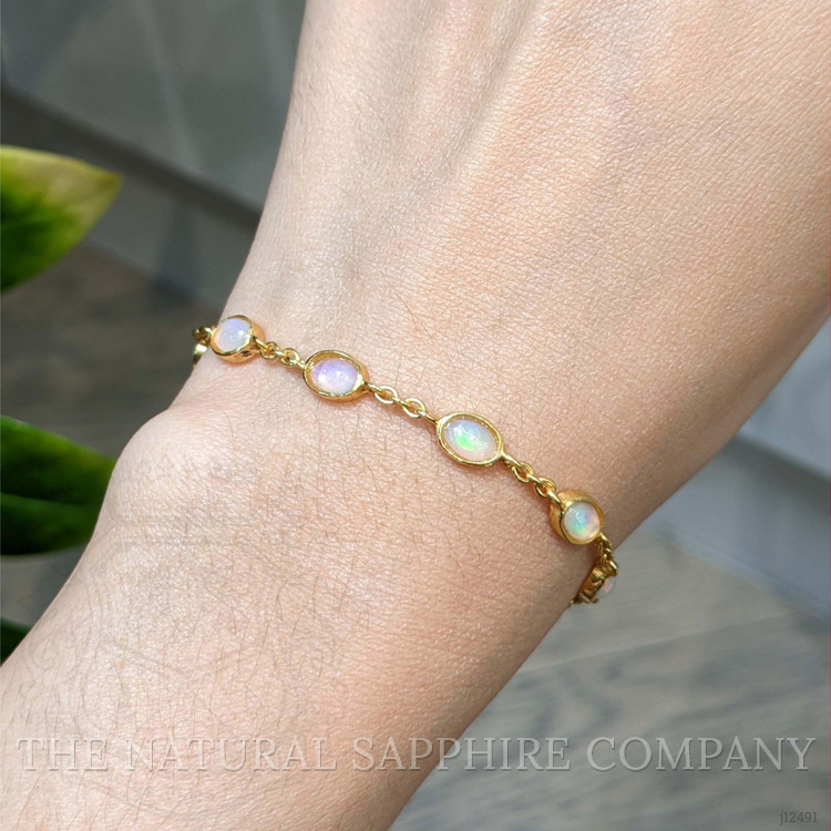 3.20 Ct.Tw. Multi Color White Opal (Light Opal) Bezel Bracelet, 22K Gold Plated Silver