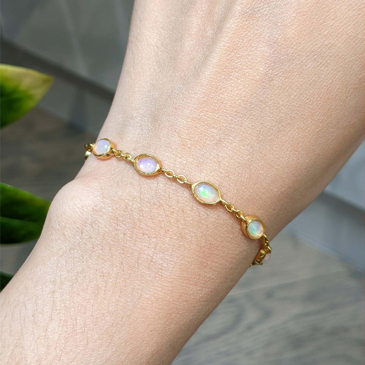 3.20 Ct.Tw. Multi Color White Opal (Light Opal) Bezel Bracelet, 22K Gold Plated Silver