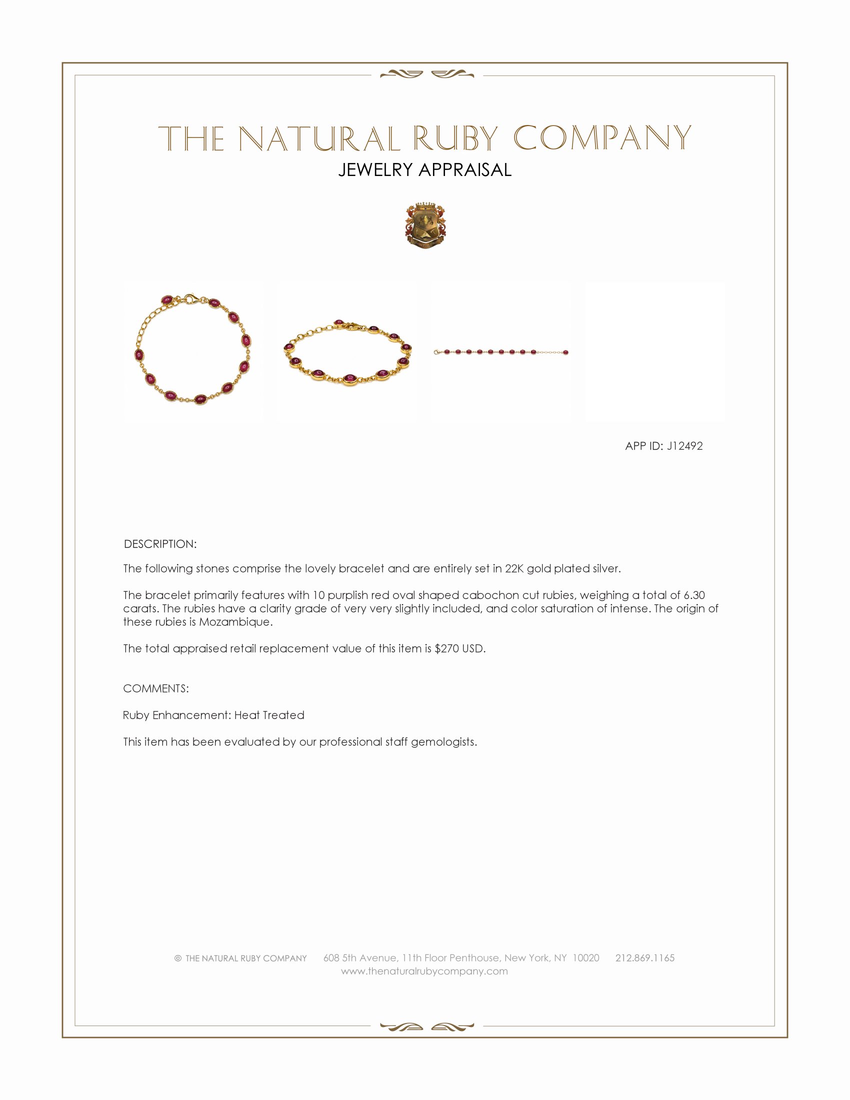 6.30 Ct.Tw. Purplish Red Ruby Bezel Bracelet, 22K Gold Plated Silver