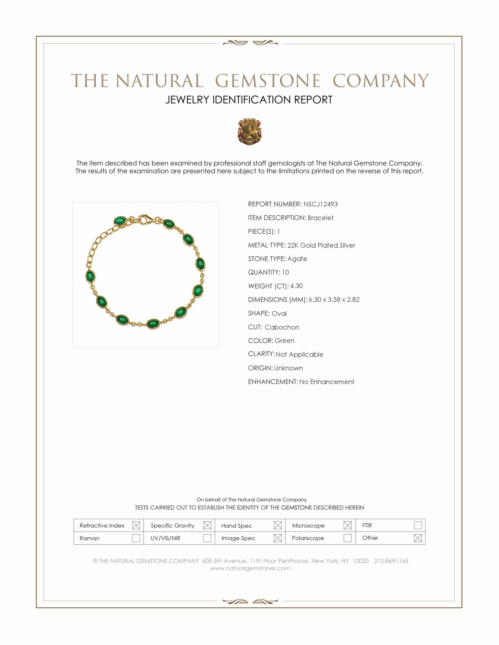 4.30 Ct.Tw. Green Agate Bezel Bracelet, 22K Gold Plated Silver