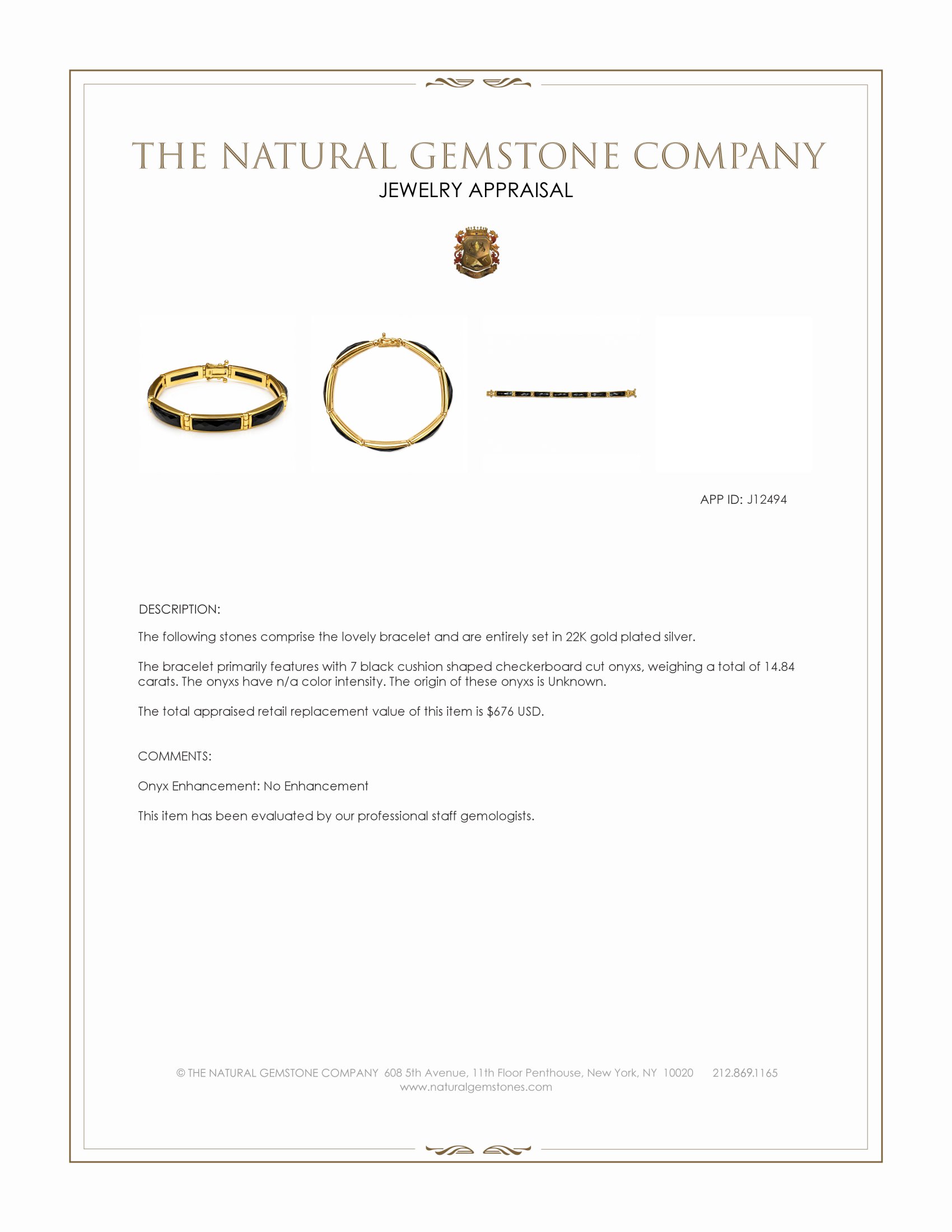 14.84 Ct.Tw. Black Onyx Antique Style Bracelet, 22K Gold Plated Silver