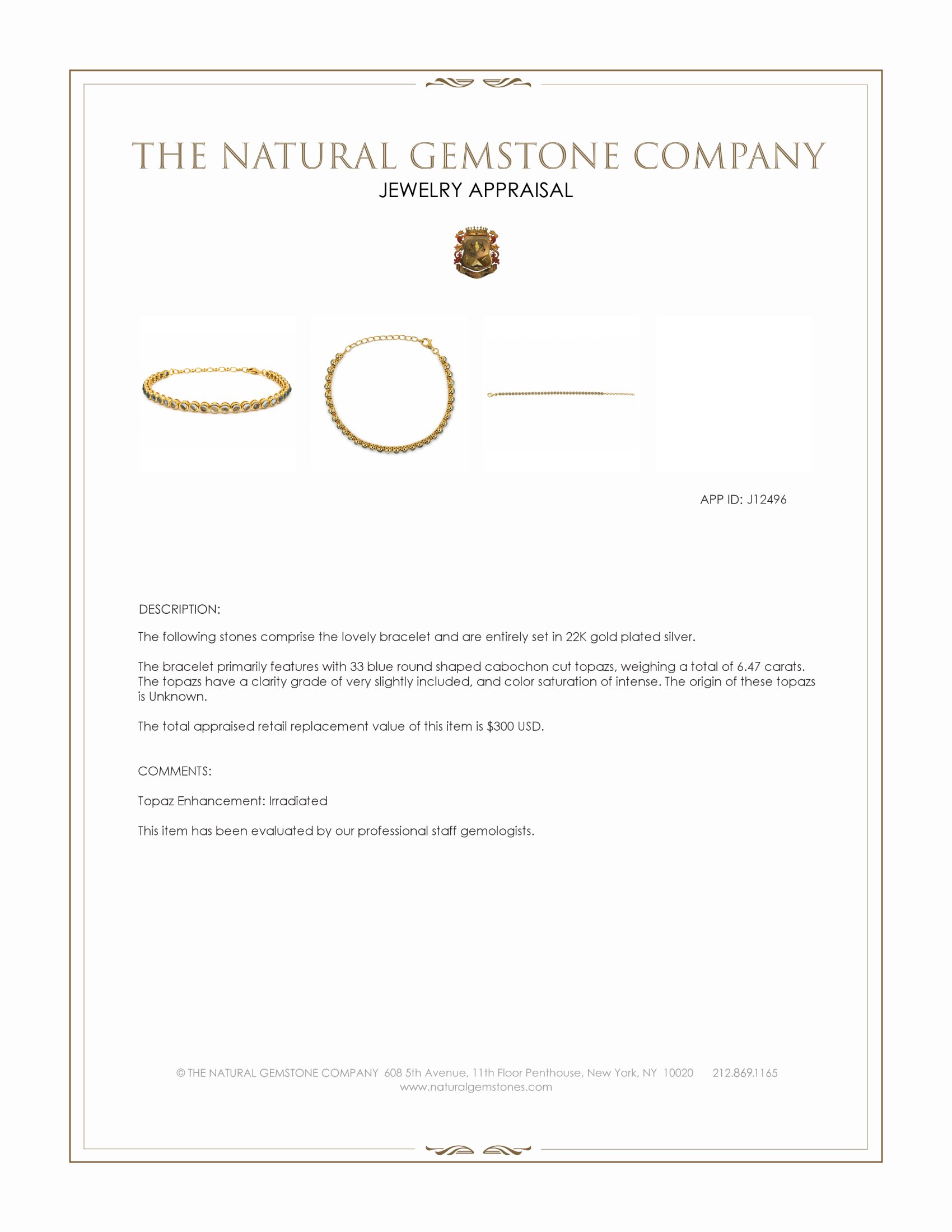 6.47 Ct.Tw. Blue Topaz Bezel Bracelet, 22K Gold Plated Silver
