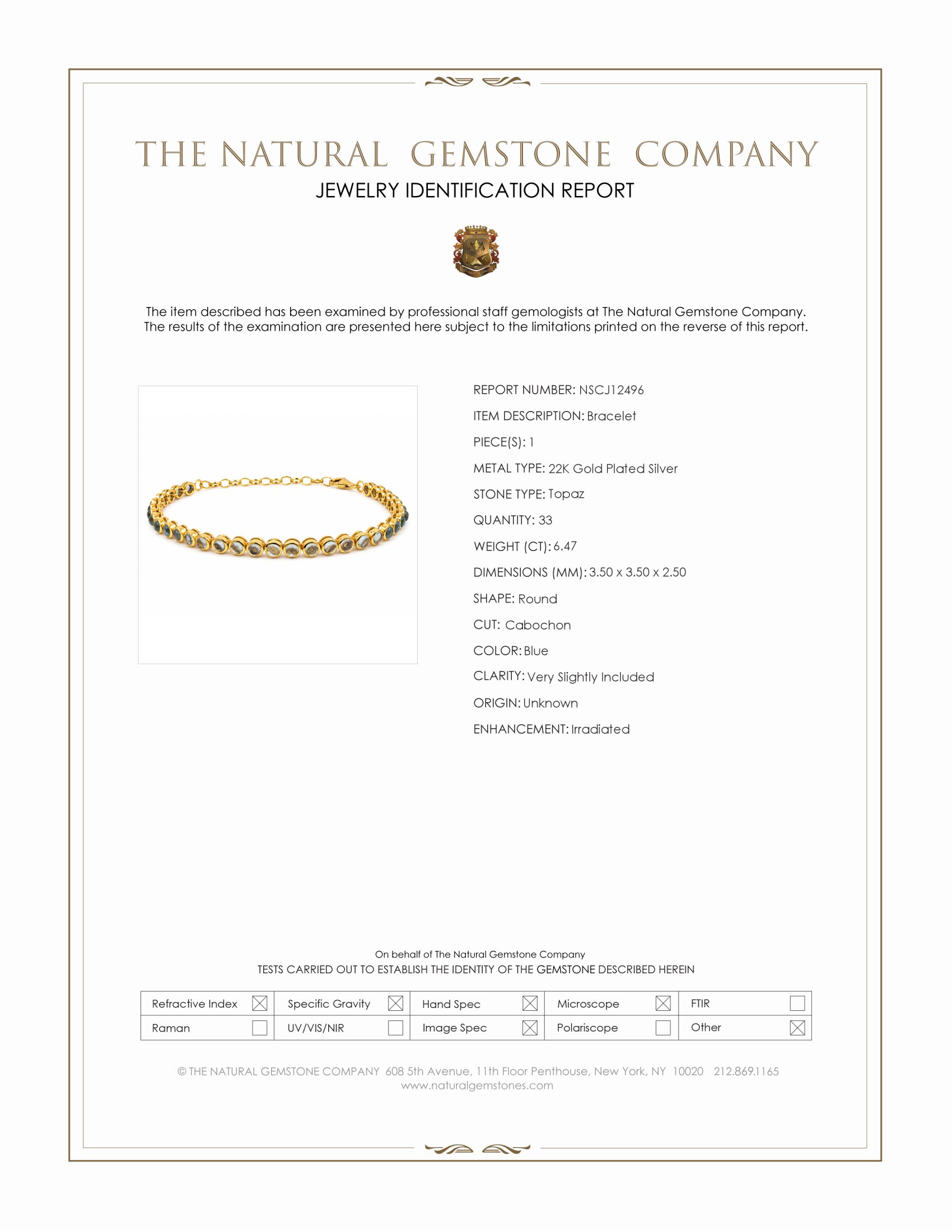 6.47 Ct.Tw. Blue Topaz Bezel Bracelet, 22K Gold Plated Silver