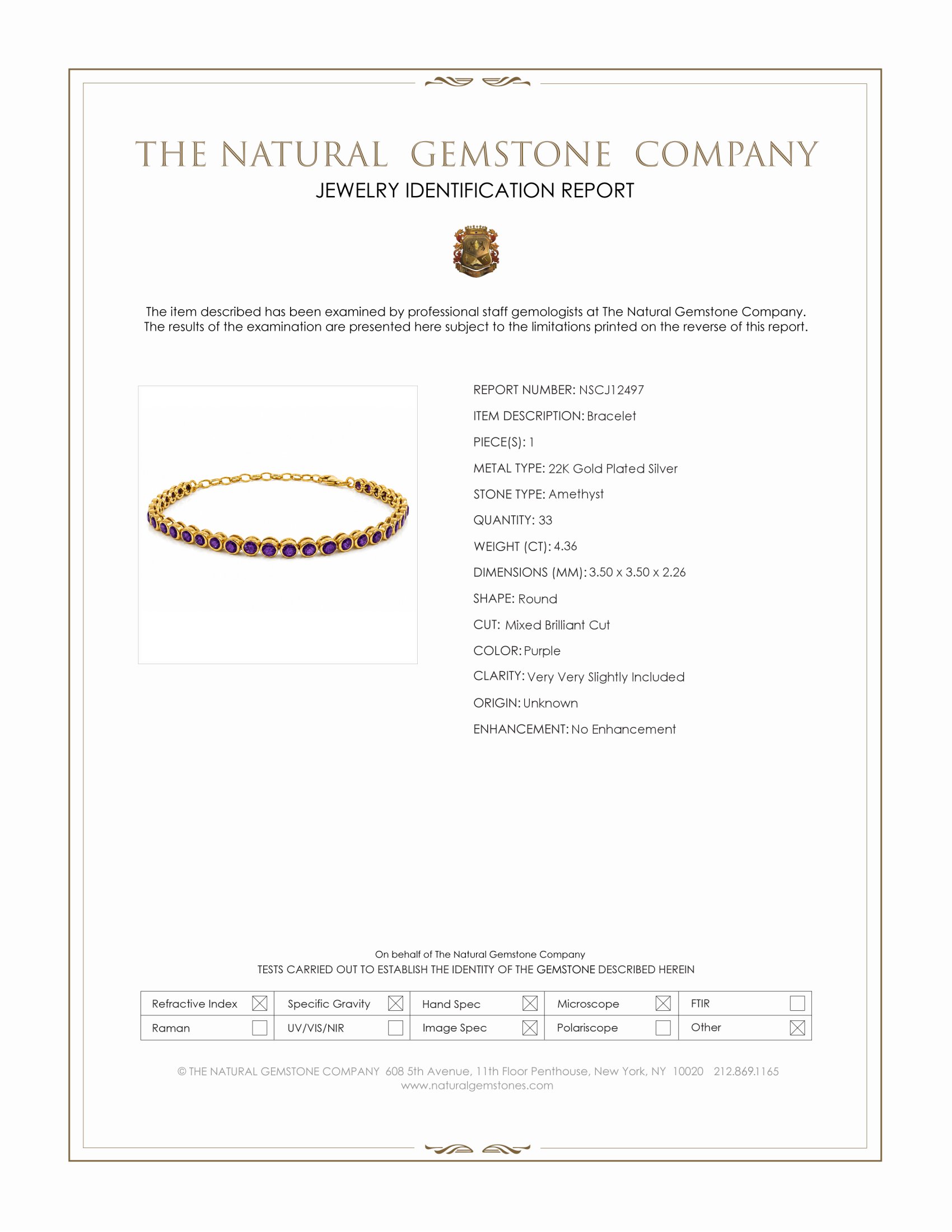 4.36 Ct.Tw. Purple Amethyst Bezel Bracelet, 22K Gold Plated Silver