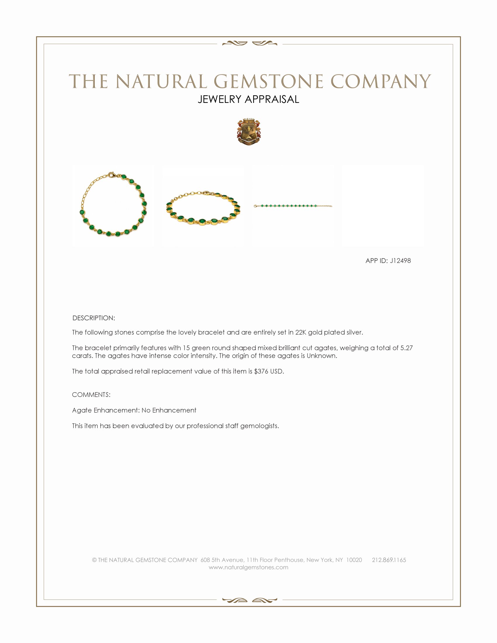 5.27 Ct.Tw. Green Agate Bezel Bracelet, 22K Gold Plated Silver