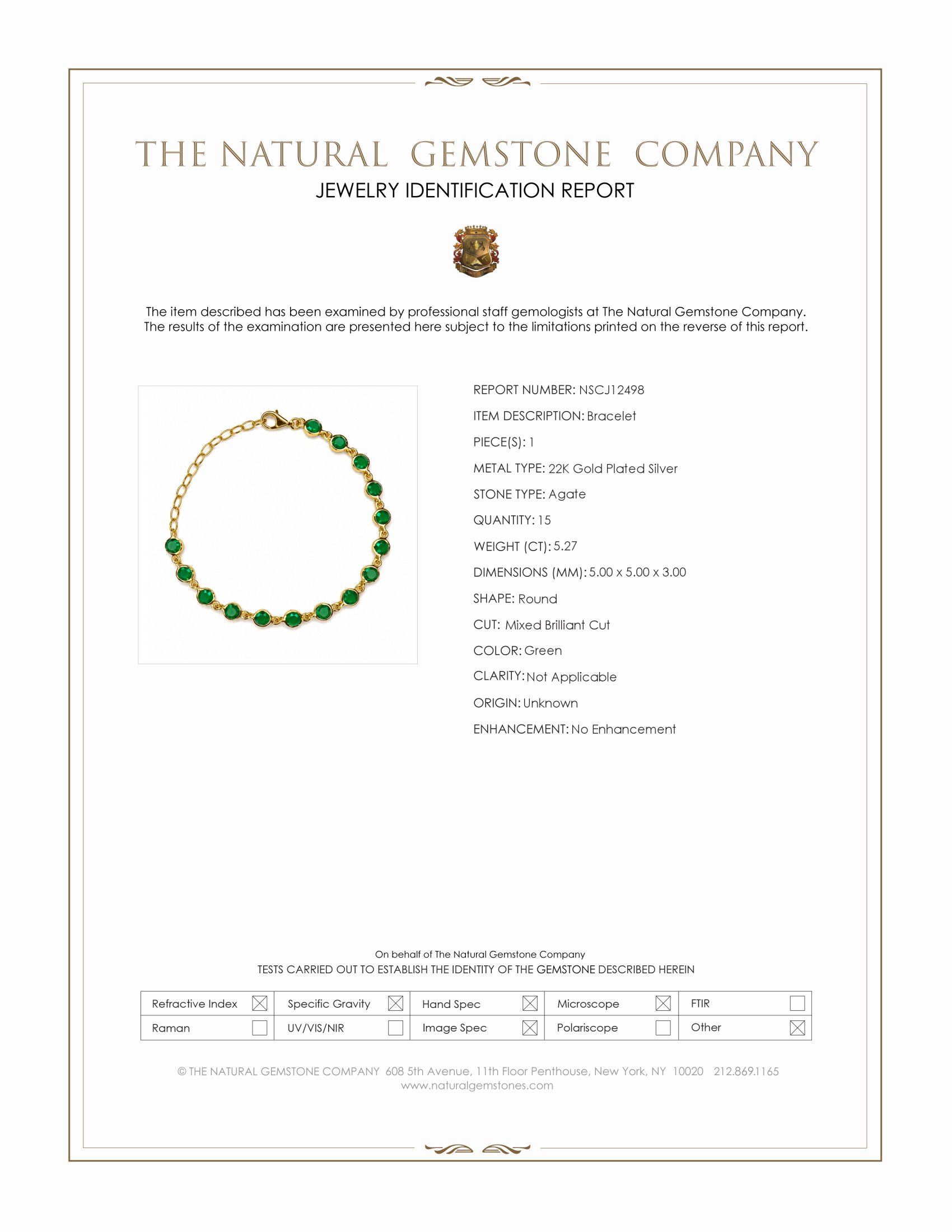 5.27 Ct.Tw. Green Agate Bezel Bracelet, 22K Gold Plated Silver