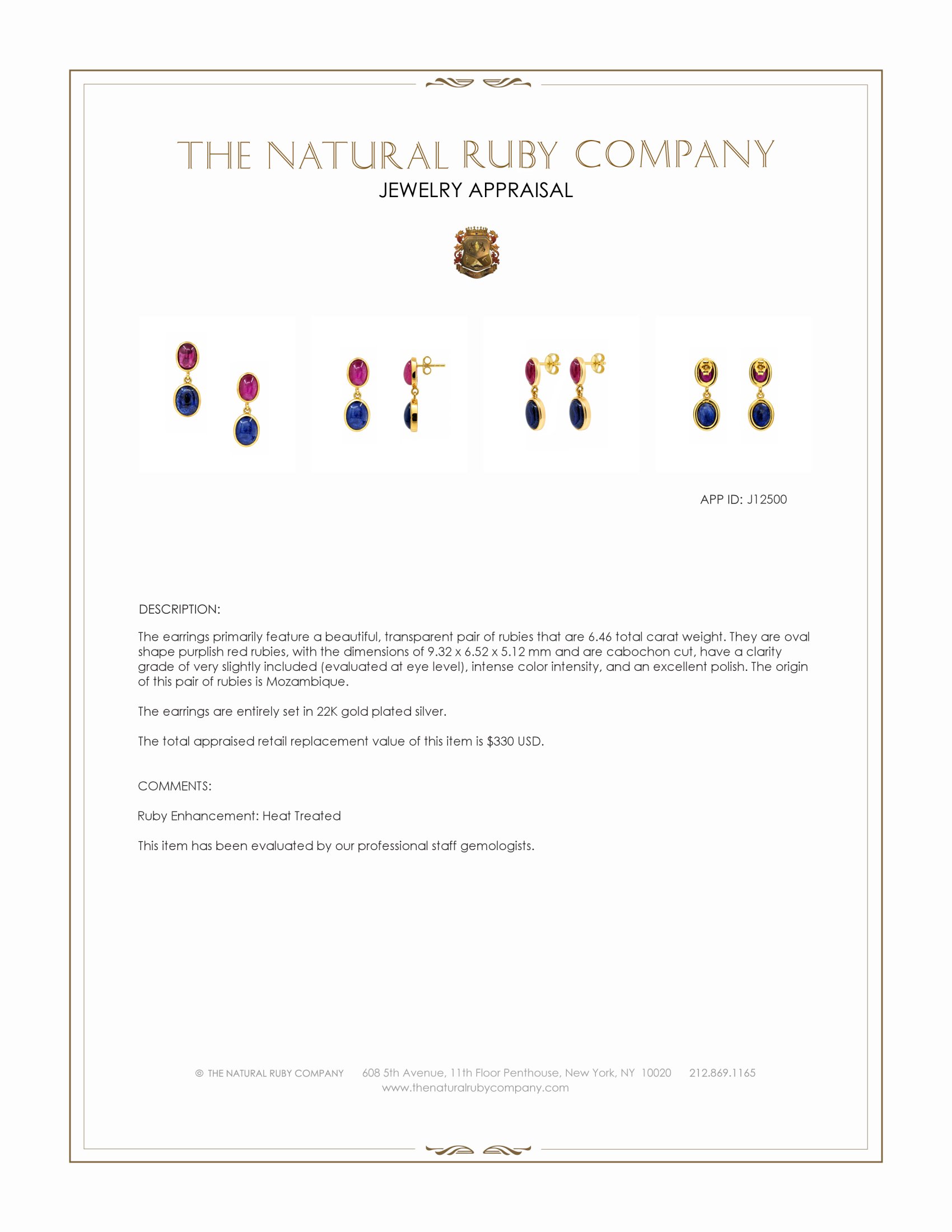 14.38 Ct.Tw. Blue Sapphire and Purplish Red Ruby Studs Earrings, 22K Gold Plated Silver