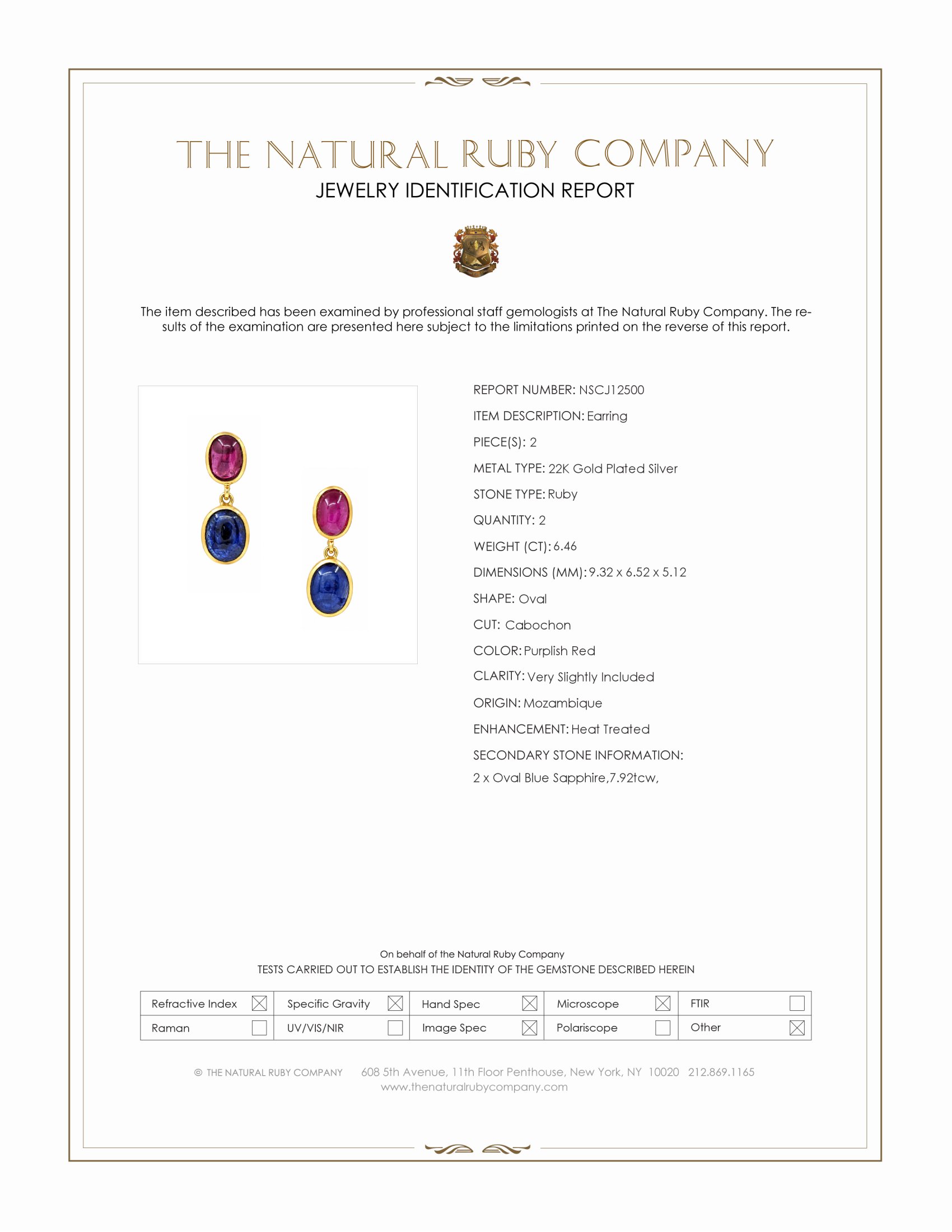 14.38 Ct.Tw. Blue Sapphire and Purplish Red Ruby Studs Earrings, 22K Gold Plated Silver