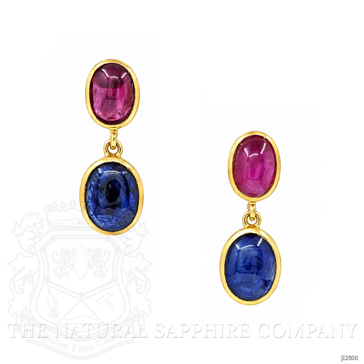 14.38 Ct.Tw. Blue Sapphire and Purplish Red Ruby Studs Earrings, 22K Gold Plated Silver