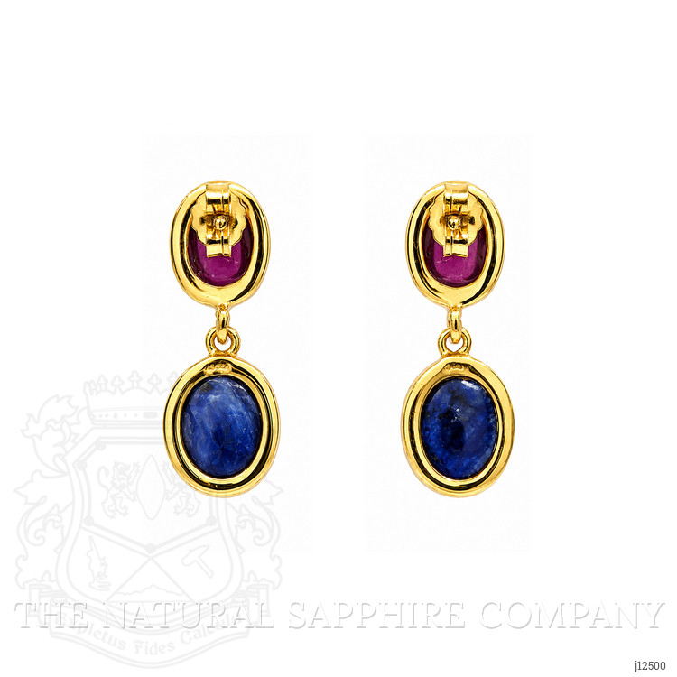 14.38 Ct.Tw. Blue Sapphire and Purplish Red Ruby Studs Earrings, 22K Gold Plated Silver