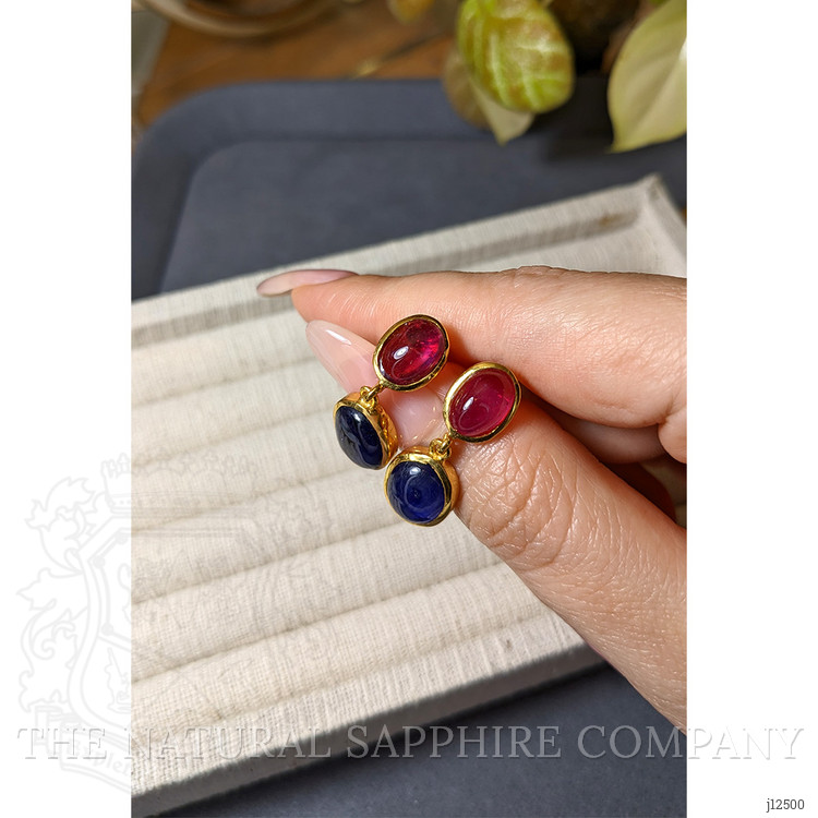 14.38 Ct.Tw. Blue Sapphire and Purplish Red Ruby Studs Earrings, 22K Gold Plated Silver