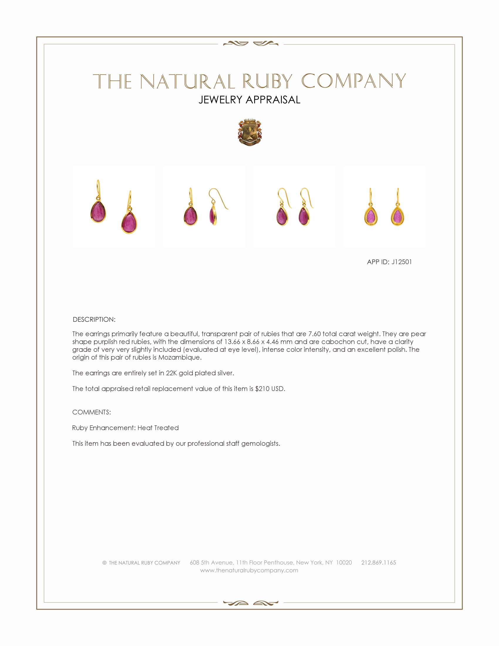 7.60 Ct.Tw. Purplish Red Ruby Drops Earrings, 22K Gold Plated Silver