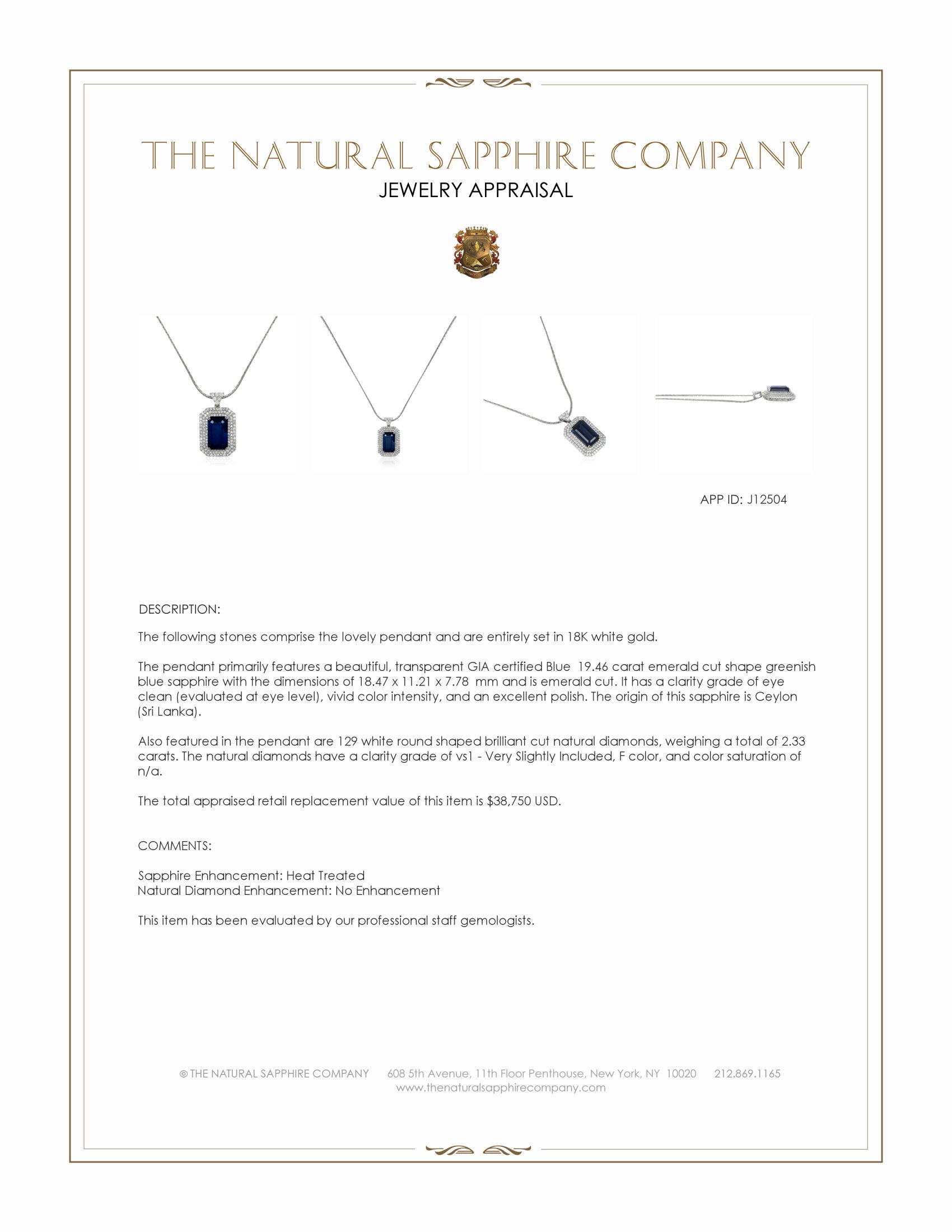 19.46 Ct. Greenish Blue Sapphire and Natural Diamond Pave Pendant, 18K White Gold