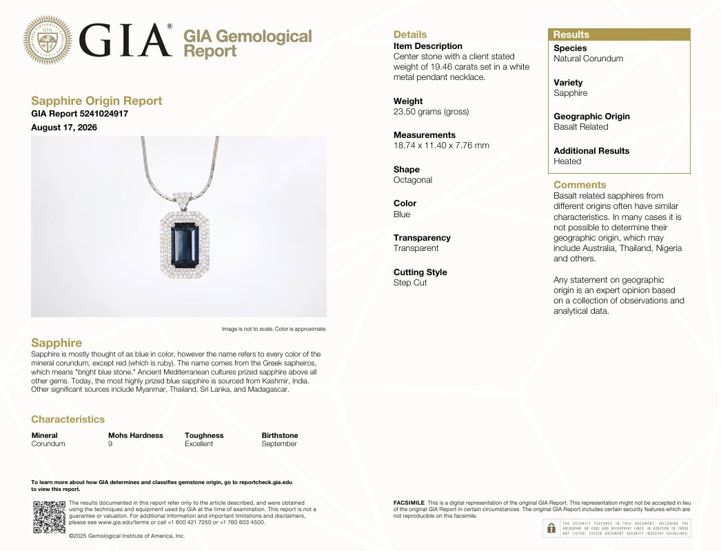 19.46 Ct. Greenish Blue Sapphire and Natural Diamond Pave Pendant, 18K White Gold