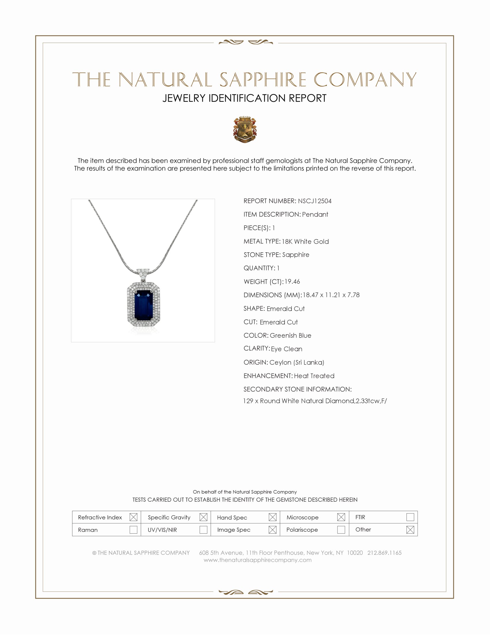 19.46 Ct. Greenish Blue Sapphire and Natural Diamond Pave Pendant, 18K White Gold
