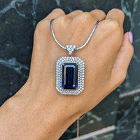 19.46 Ct. Greenish Blue Sapphire and Natural Diamond Pave Pendant, 18K White Gold Life Style