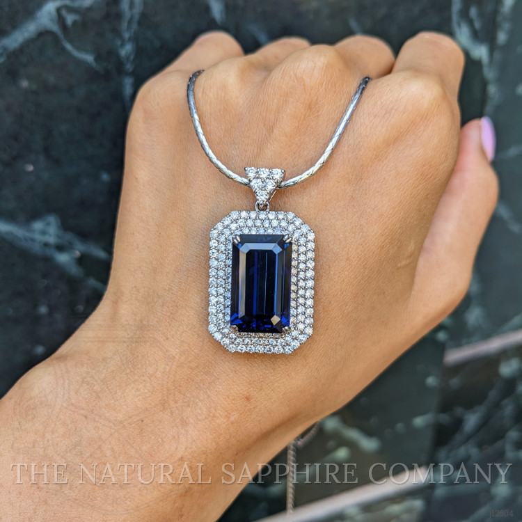 19.46 Ct. Greenish Blue Sapphire and Natural Diamond Pave Pendant, 18K White Gold