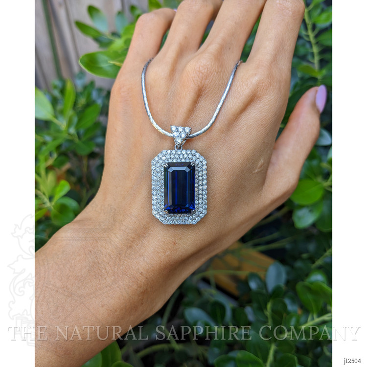 19.46 Ct. Greenish Blue Sapphire and Natural Diamond Pave Pendant, 18K White Gold