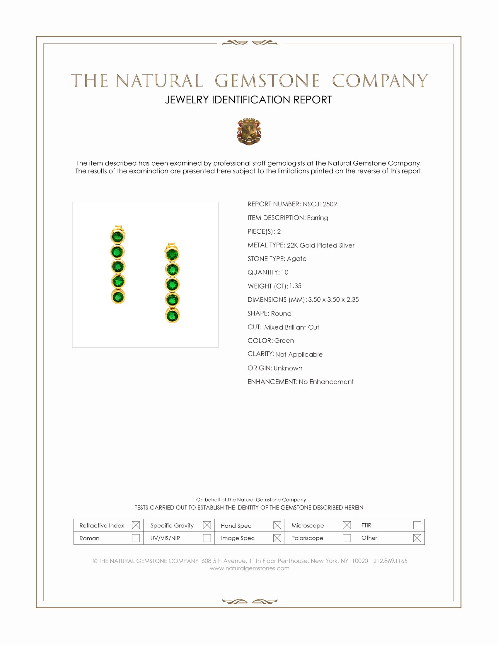 1.35 Ct.Tw. Green Agate Studs Earrings, 22K Gold Plated Silver
