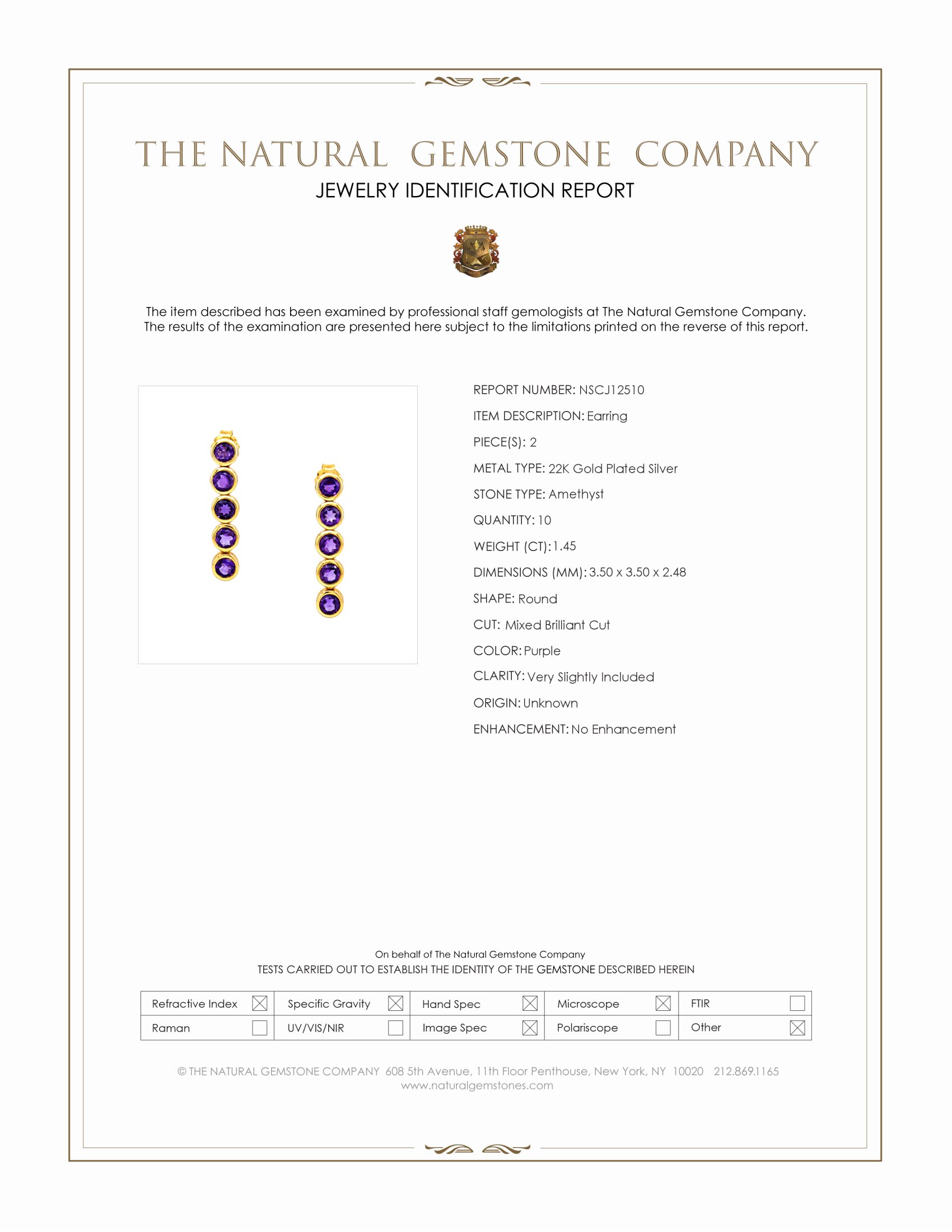 1.45 Ct.Tw. Purple Amethyst Studs Earrings, 22K Gold Plated Silver