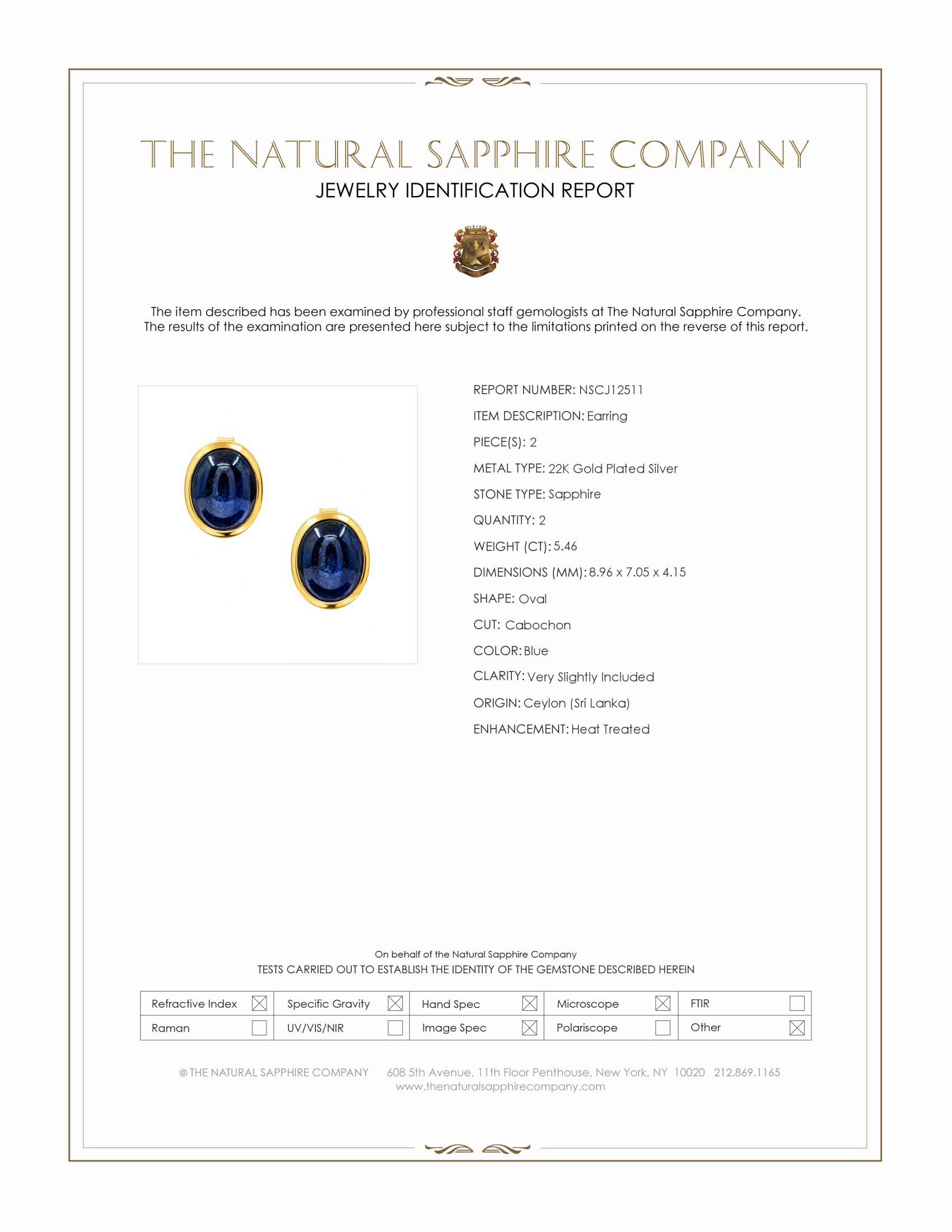 5.46 Ct.Tw. Blue Sapphire Studs Earrings, 22K Gold Plated Silver