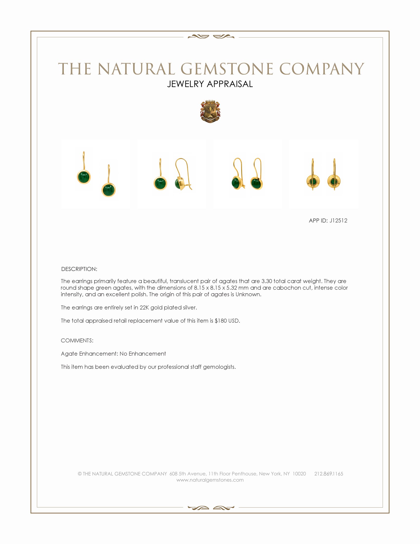 3.30 Ct.Tw. Green Agate Bezel Earrings, 22K Gold Plated Silver