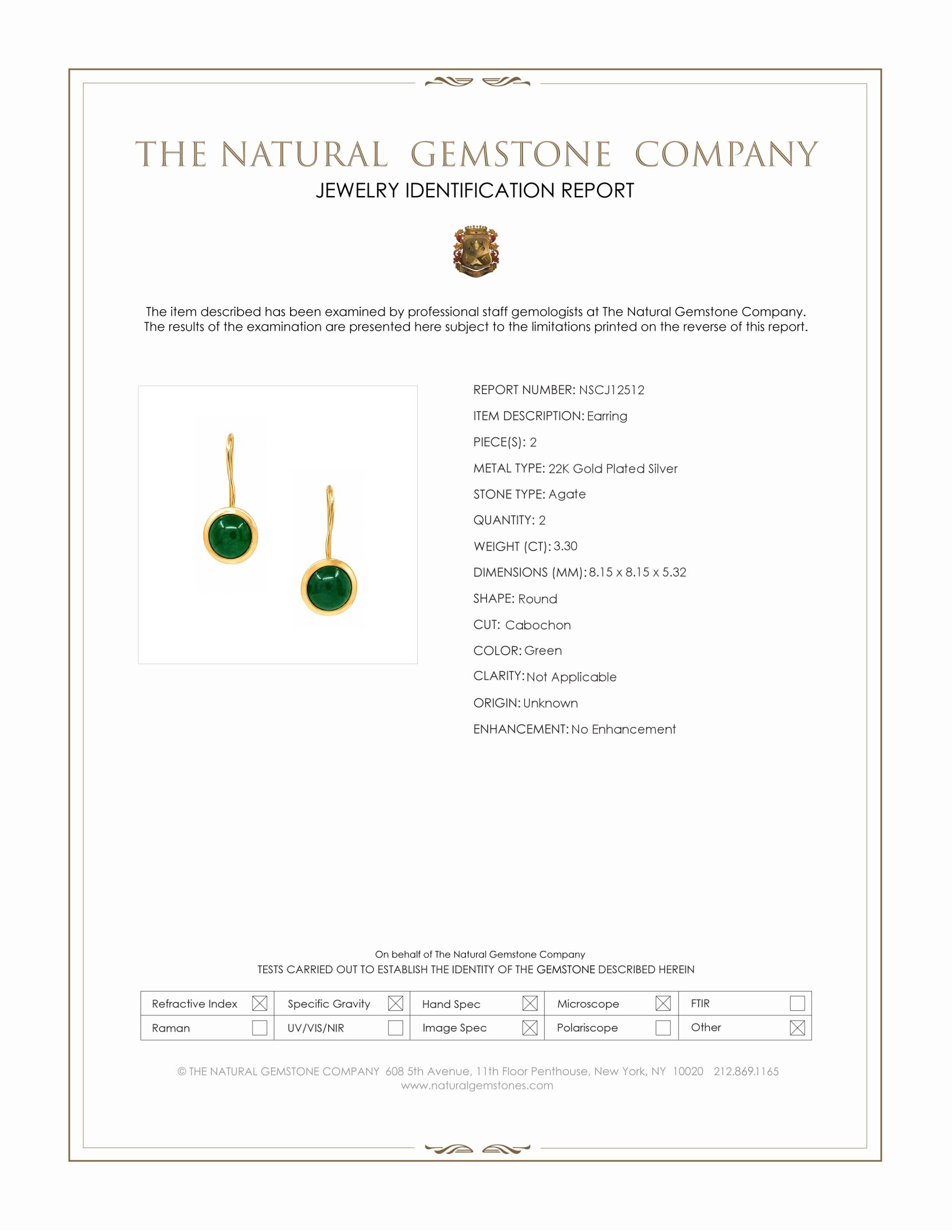 3.30 Ct.Tw. Green Agate Bezel Earrings, 22K Gold Plated Silver
